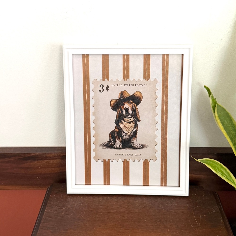 Western Cowboy Bassett Hound Dog Vintage Style Retro Postage Stamp Framed Art